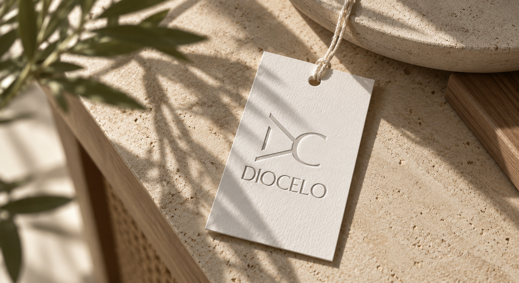 A Diocelo hang tag with an embossed logo, resting on a stone surface beside olive branches